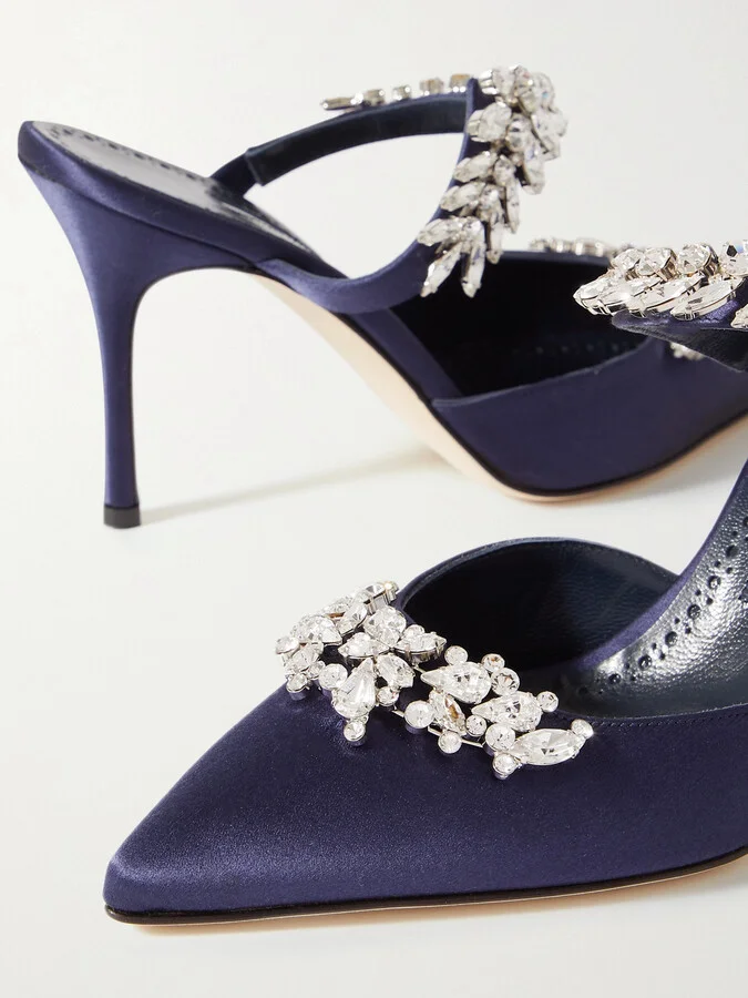 Manolo Blahnik - Lurum 90 Crystal-embellished Satin Mules - Blue - Image 4