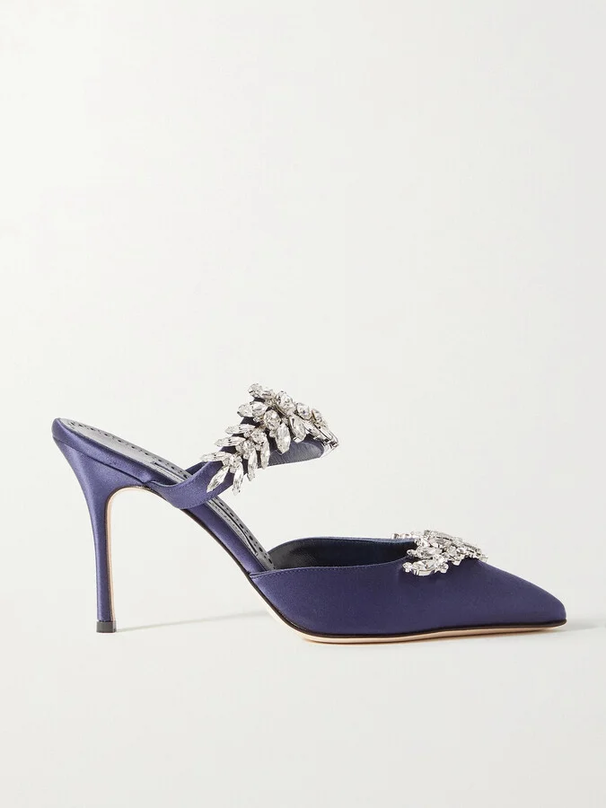 Manolo Blahnik - Lurum 90 Crystal-embellished Satin Mules - Blue