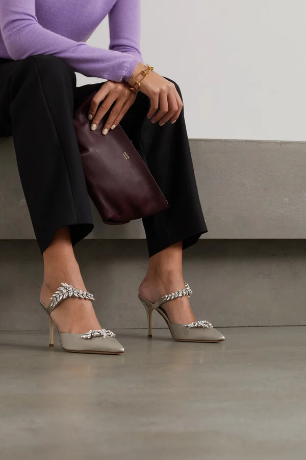 Manolo Blahnik - Lurum 90 Crystal-embellished Satin Mules - Gray - Image 2