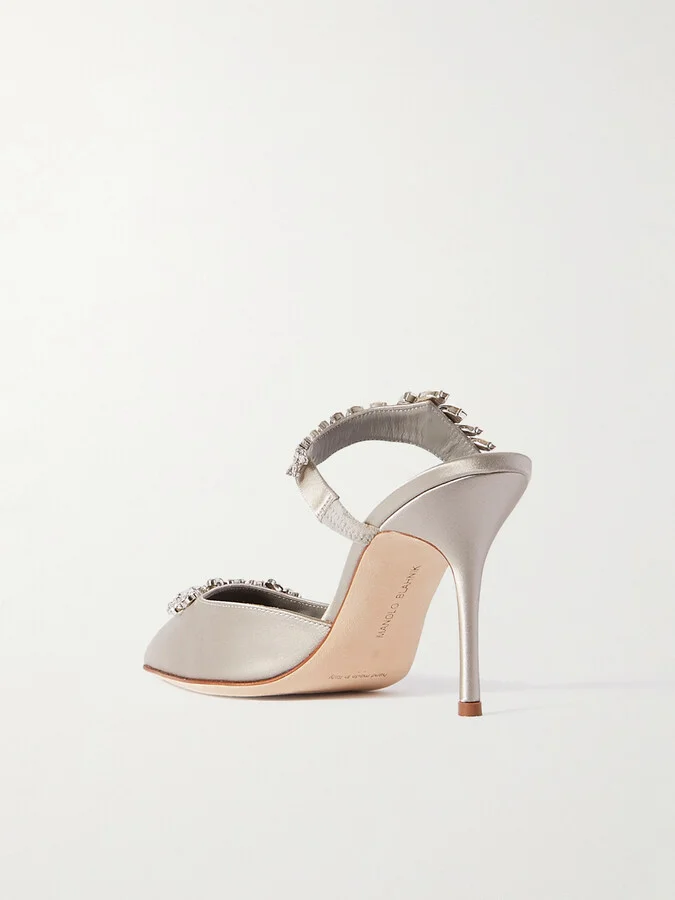 Manolo Blahnik - Lurum 90 Crystal-embellished Satin Mules - Gray - Image 3