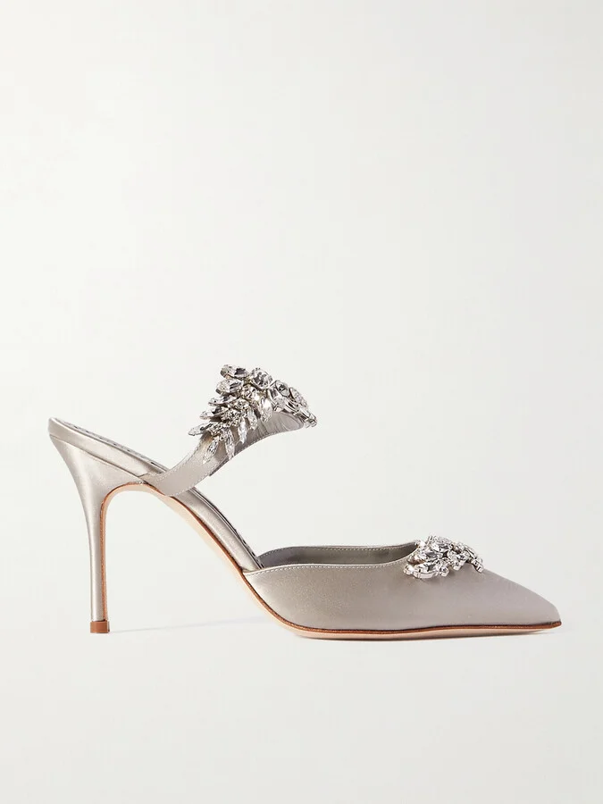 Manolo Blahnik - Lurum 90 Crystal-embellished Satin Mules - Gray