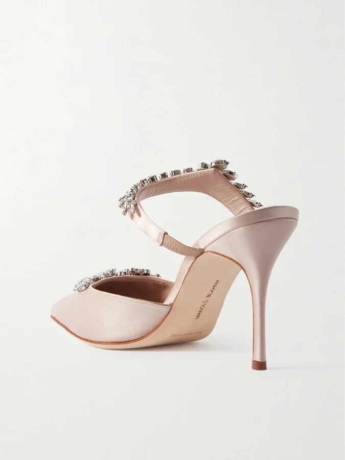 Manolo Blahnik - Lurum 90 Crystal-embellished Satin Mules - Neutrals - Image 3