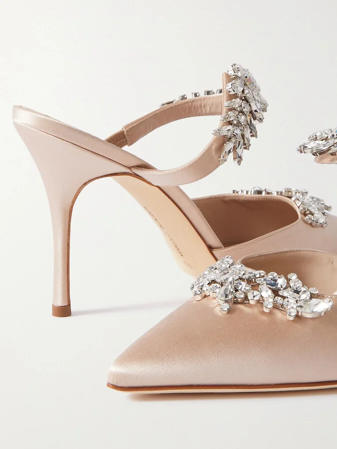 Manolo Blahnik - Lurum 90 Crystal-embellished Satin Mules - Neutrals - Image 4