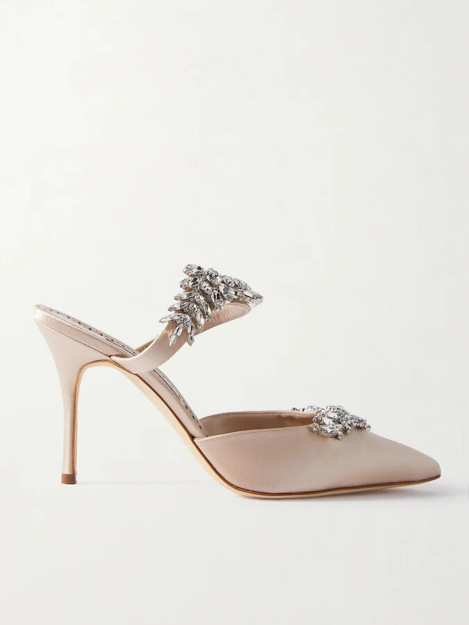 Manolo Blahnik - Lurum 90 Crystal-embellished Satin Mules - Neutrals