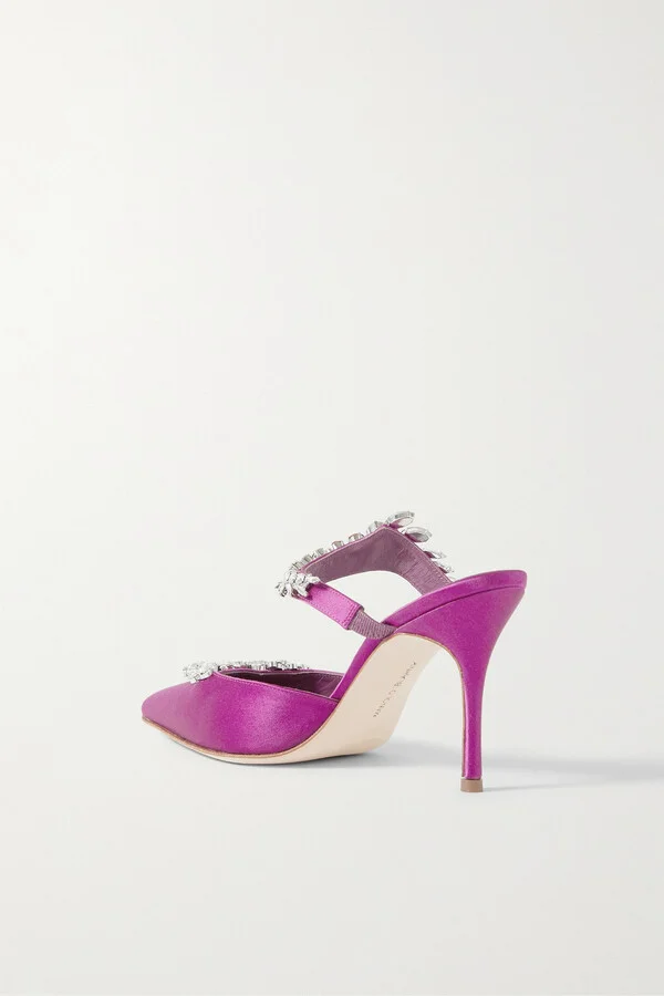 Manolo Blahnik - Lurum 90 Crystal-embellished Satin Mules - Purple - Image 3