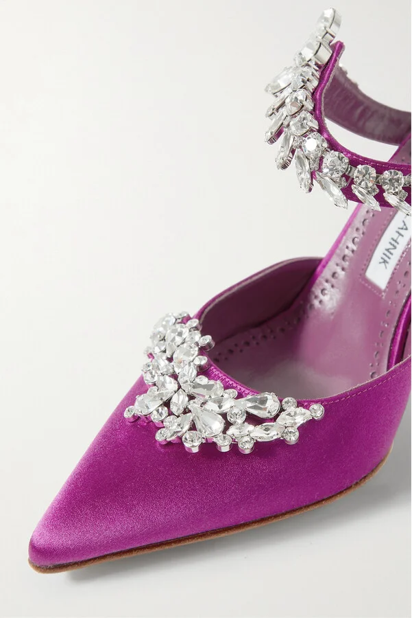 Manolo Blahnik - Lurum 90 Crystal-embellished Satin Mules - Purple - Image 4