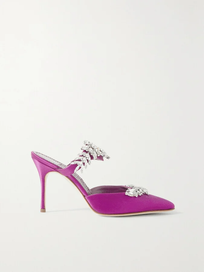 Manolo Blahnik - Lurum 90 Crystal-embellished Satin Mules - Purple