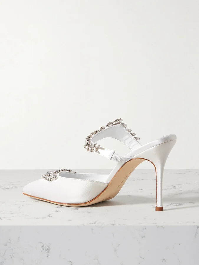 Manolo Blahnik - Lurum 90 Crystal-embellished Satin Mules - White - Image 3