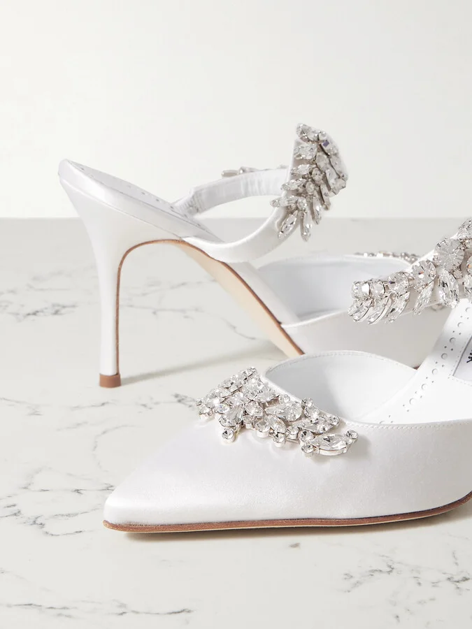 Manolo Blahnik - Lurum 90 Crystal-embellished Satin Mules - White - Image 4