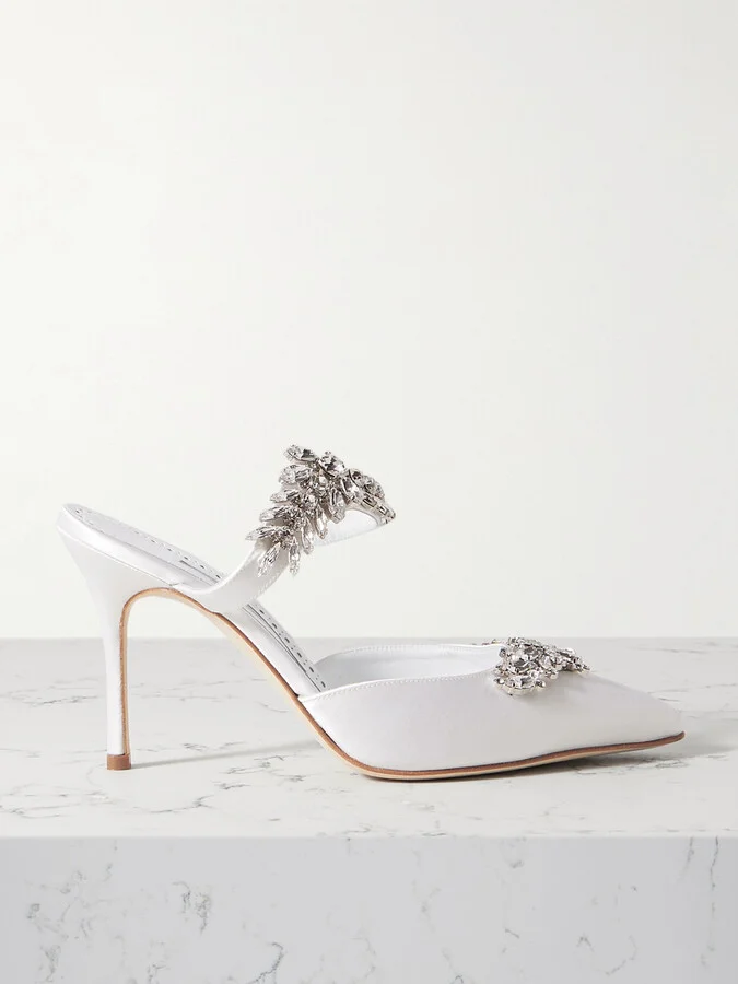 Manolo Blahnik - Lurum 90 Crystal-embellished Satin Mules - White