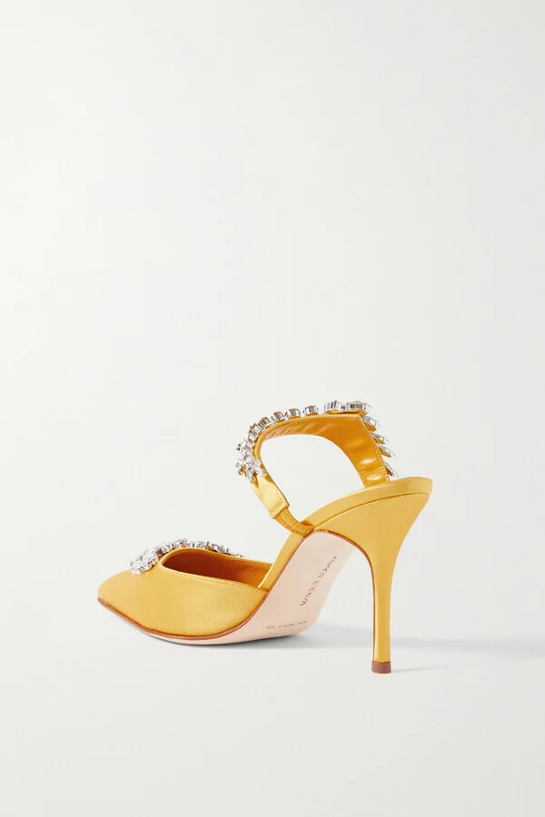 Manolo Blahnik - Lurum 90 Crystal-embellished Satin Mules - Yellow - Image 3