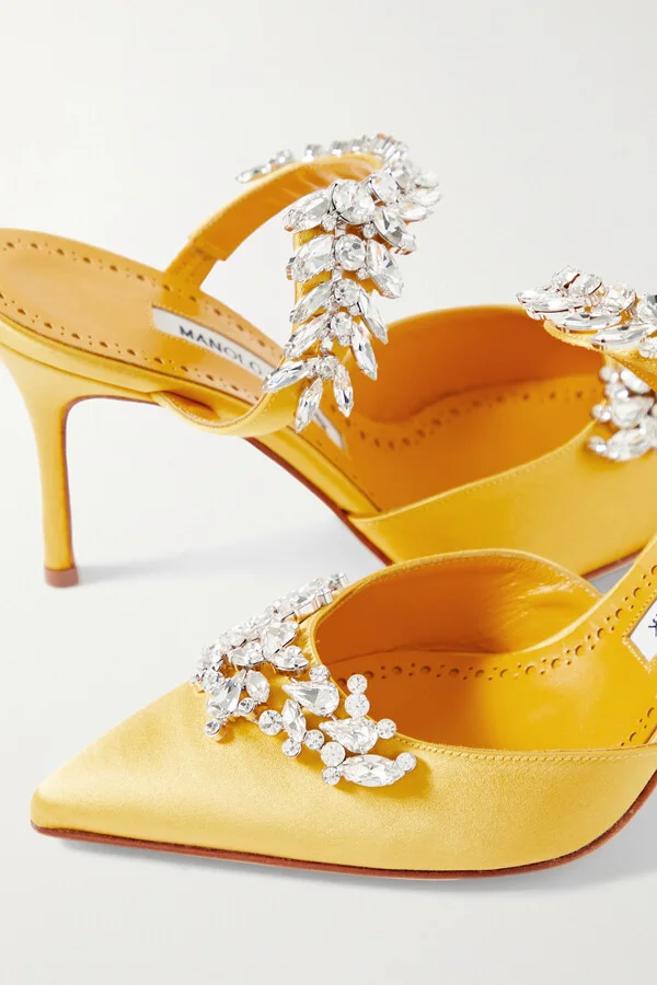 Manolo Blahnik - Lurum 90 Crystal-embellished Satin Mules - Yellow - Image 4