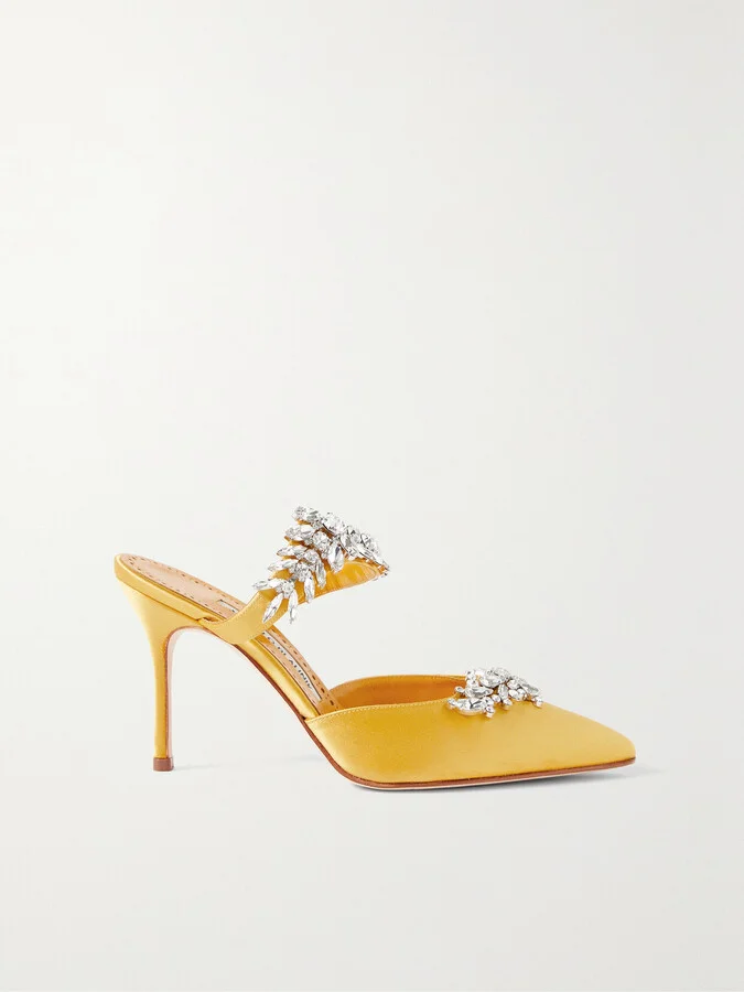 Manolo Blahnik - Lurum 90 Crystal-embellished Satin Mules - Yellow