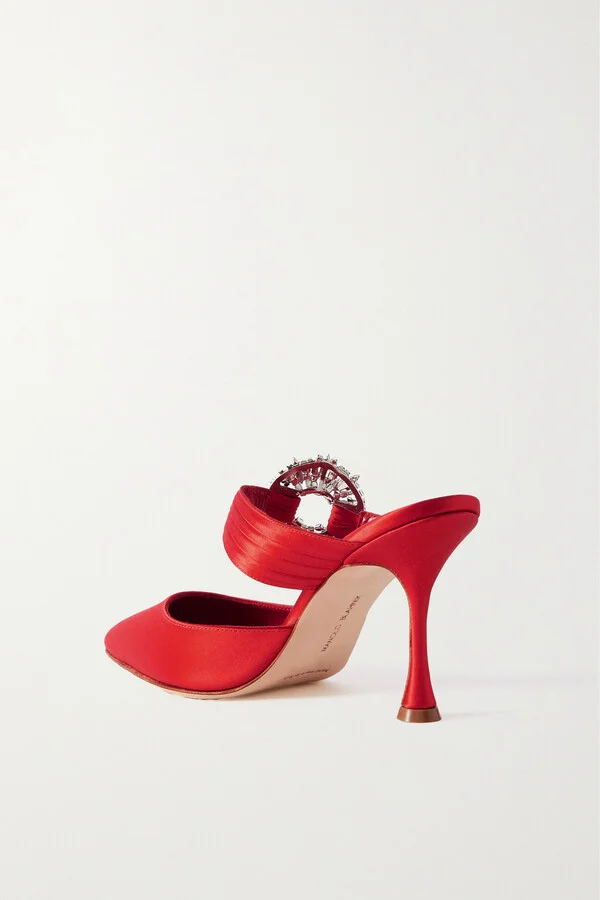 Manolo Blahnik - Maidugura 90 Crystal-embellished Satin Mules - Red - Image 3