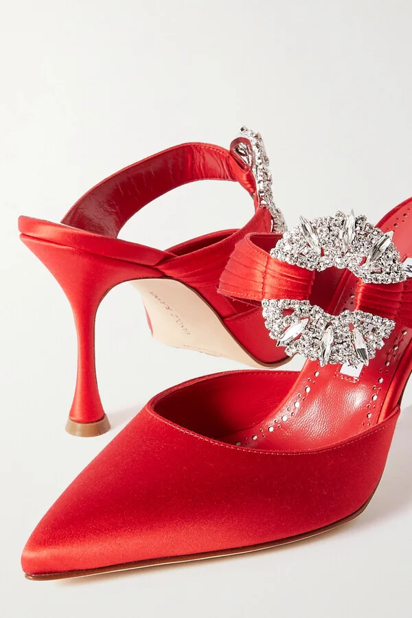 Manolo Blahnik - Maidugura 90 Crystal-embellished Satin Mules - Red - Image 4