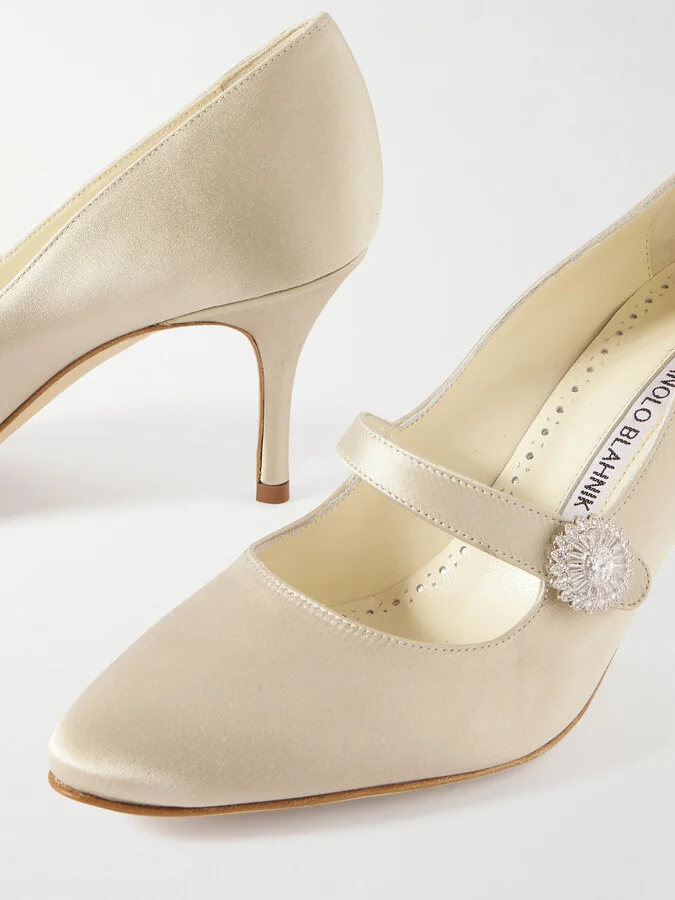 Manolo Blahnik - Marijana 70 Crystal-embellished Satin Mary Jane Pumps - Cream - Image 4