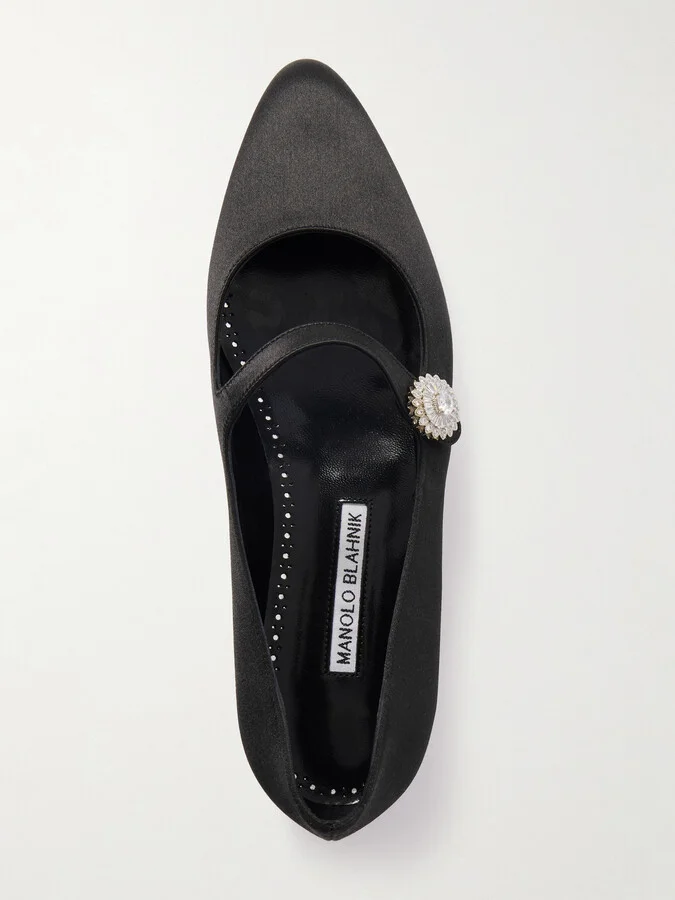 Manolo Blahnik - Marijanaflat Crystal-embellished Satin Mary-jane Ballet Flats - Black - Image 5