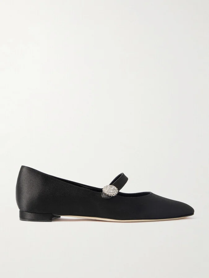 Manolo Blahnik - Marijanaflat Crystal-embellished Satin Mary-jane Ballet Flats - Black