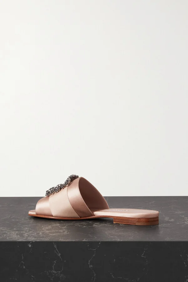 Manolo Blahnik - Martamod Embellished Grosgrain-trimmed Satin Slides - Neutrals - Image 3