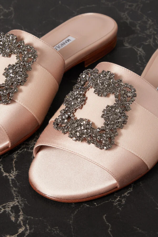Manolo Blahnik - Martamod Embellished Grosgrain-trimmed Satin Slides - Neutrals - Image 4
