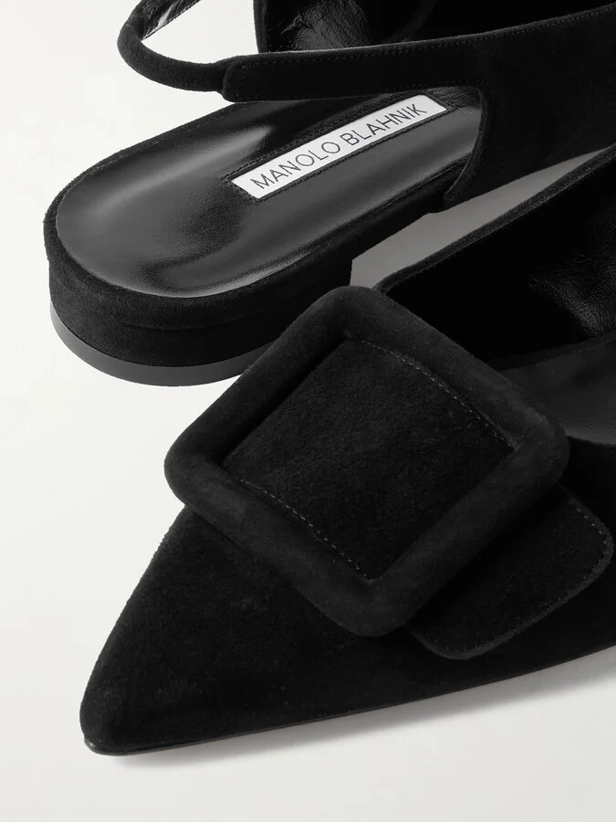Manolo Blahnik - Maylura Buckled Suede Slingback Flats - Black - Image 4