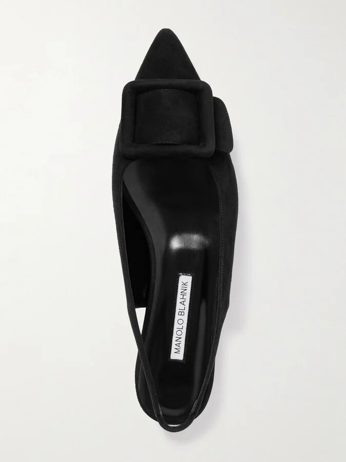 Manolo Blahnik - Maylura Buckled Suede Slingback Flats - Black - Image 5