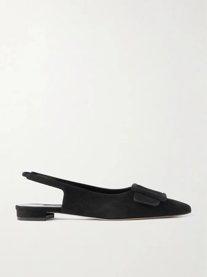 Manolo Blahnik - Maylura Buckled Suede Slingback Flats - Black