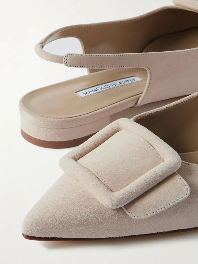 Manolo Blahnik - Maylura Buckled Suede Slingback Flats - Neutrals - Image 4
