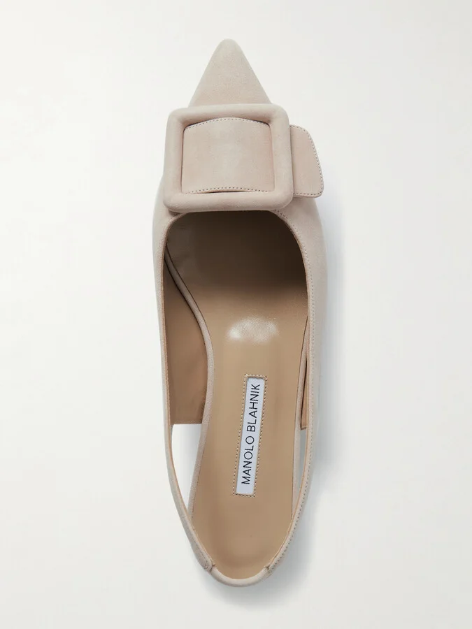 Manolo Blahnik - Maylura Buckled Suede Slingback Flats - Neutrals - Image 5