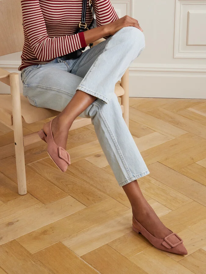 Manolo Blahnik - Maylura Buckled Suede Slingback Flats - Pink - Image 2