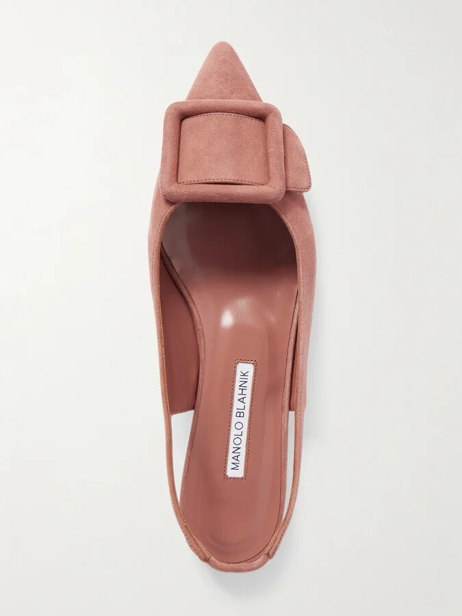 Manolo Blahnik - Maylura Buckled Suede Slingback Flats - Pink - Image 5