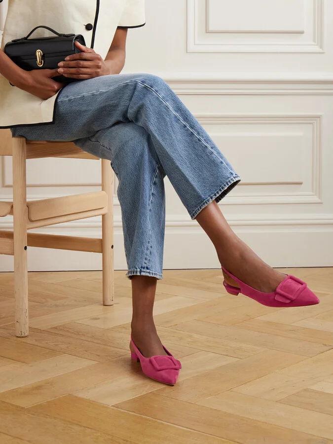 Manolo Blahnik - Maylura Buckled Suede Slingback Flats - Pink - Image 2