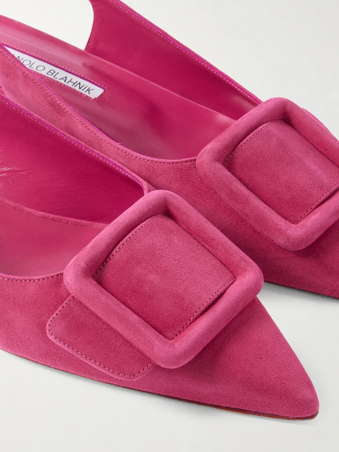 Manolo Blahnik - Maylura Buckled Suede Slingback Flats - Pink - Image 4