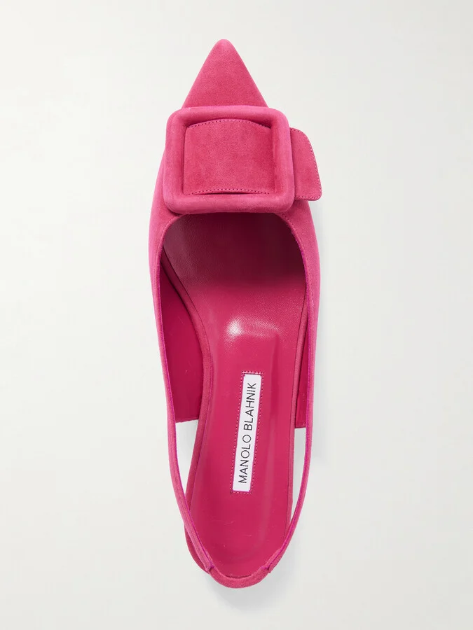 Manolo Blahnik - Maylura Buckled Suede Slingback Flats - Pink - Image 5