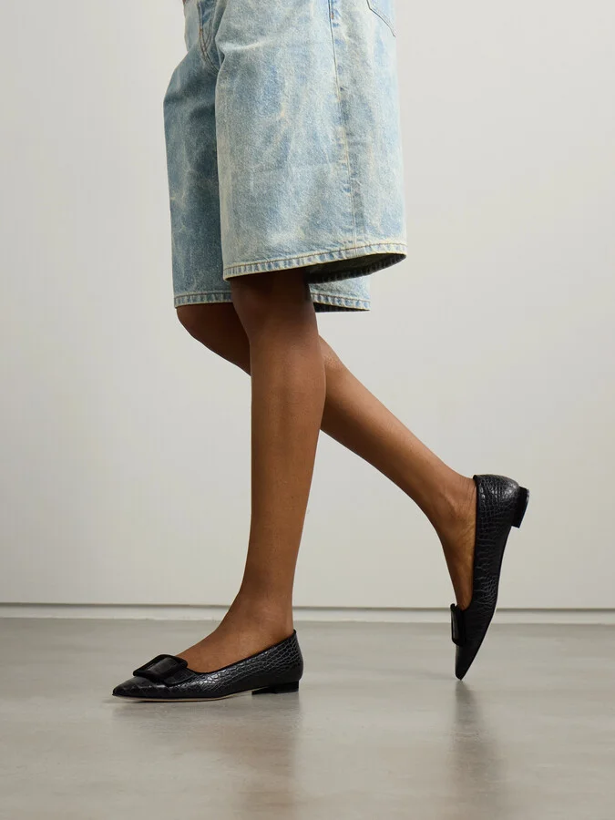 Manolo Blahnik - Maysale 10 Buckled Suede-trimmed Croc-effect Leather Point-toe Flats - Black - Image 2