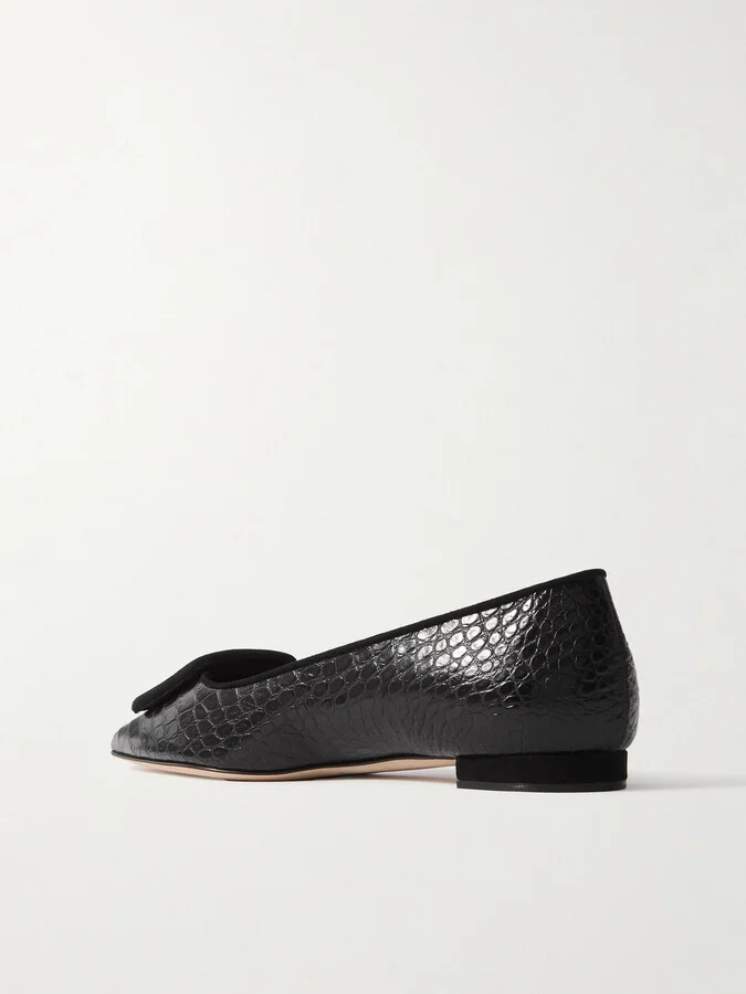 Manolo Blahnik - Maysale 10 Buckled Suede-trimmed Croc-effect Leather Point-toe Flats - Black - Image 3