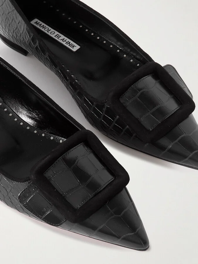 Manolo Blahnik - Maysale 10 Buckled Suede-trimmed Croc-effect Leather Point-toe Flats - Black - Image 4