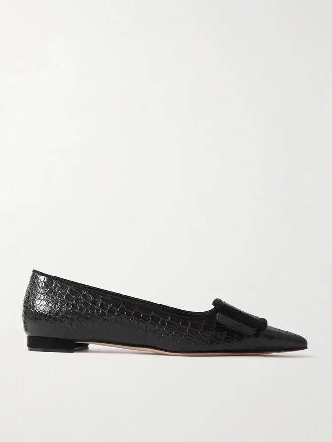 Manolo Blahnik - Maysale 10 Buckled Suede-trimmed Croc-effect Leather Point-toe Flats - Black