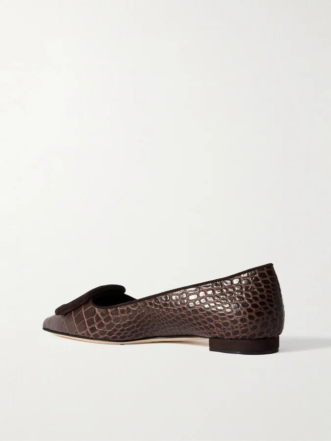 Manolo Blahnik - Maysale 10 Buckled Suede-trimmed Croc-effect Leather Point-toe Flats - Brown - Image 3