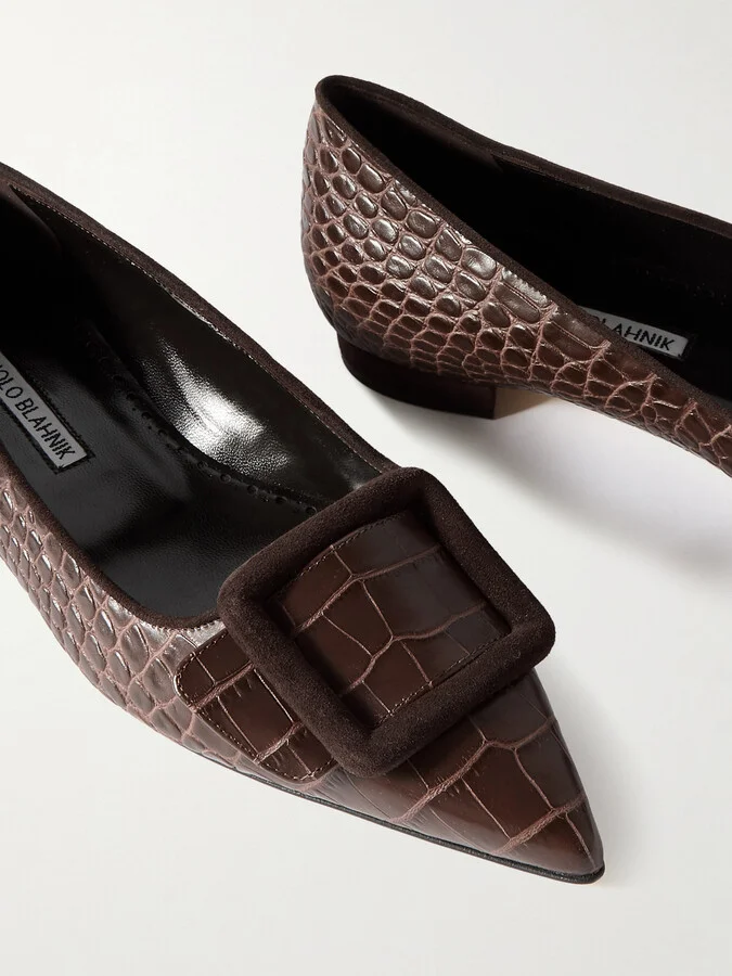Manolo Blahnik - Maysale 10 Buckled Suede-trimmed Croc-effect Leather Point-toe Flats - Brown - Image 4