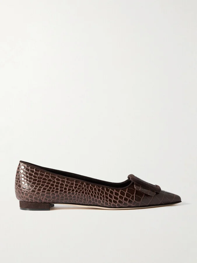 Manolo Blahnik - Maysale 10 Buckled Suede-trimmed Croc-effect Leather Point-toe Flats - Brown
