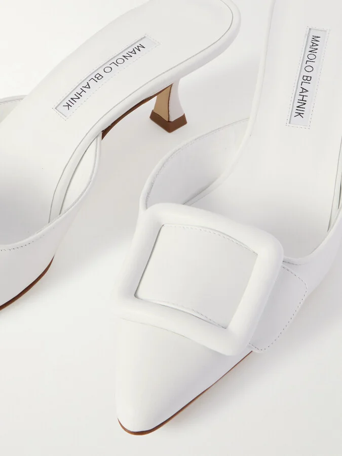 Manolo Blahnik - Maysale 50 Buckled Leather Mules - White - Image 4