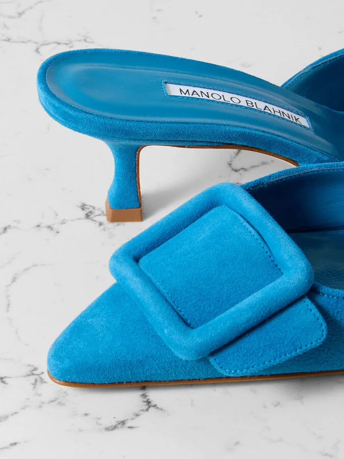 Manolo Blahnik - Maysale 50 Buckled Suede Mules - Blue - Image 4