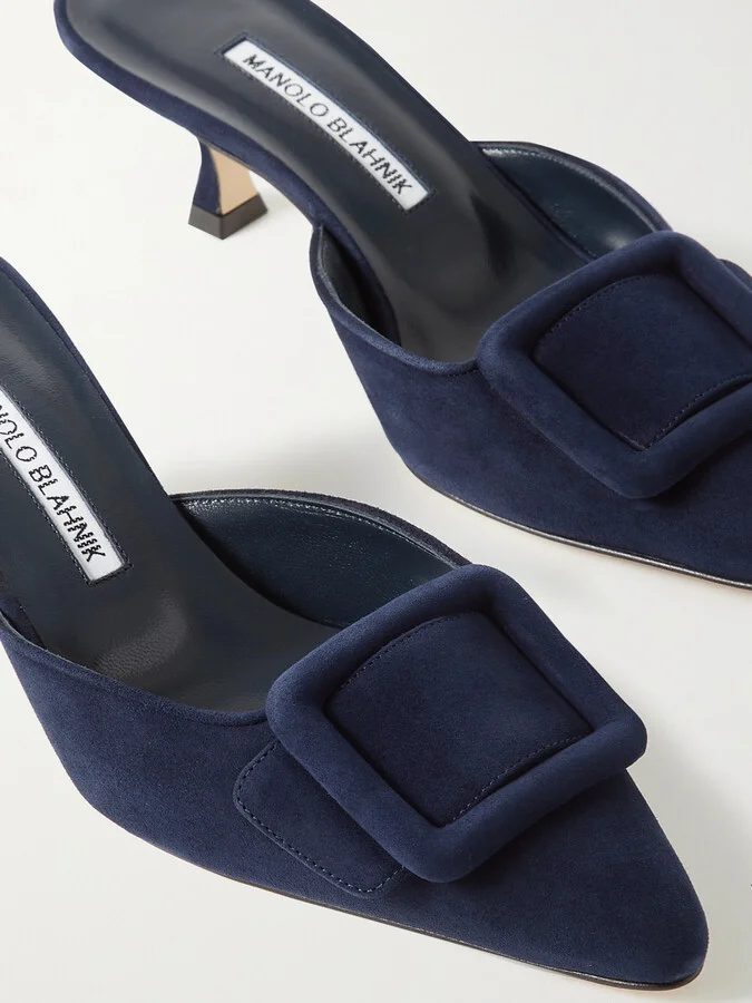 Manolo Blahnik - Maysale 50 Buckled Suede Mules - Blue - Image 4
