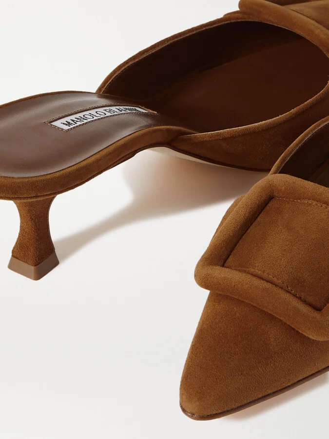 Manolo Blahnik - Maysale 50 Buckled Suede Mules - Brown - Image 4