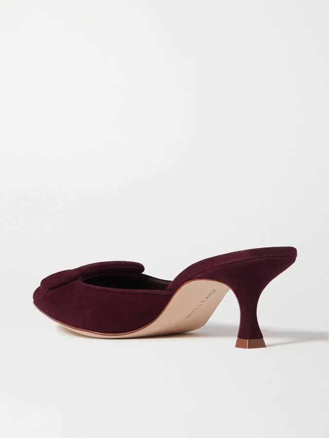 Manolo Blahnik - Maysale 50 Buckled Suede Mules - Burgundy - Image 3