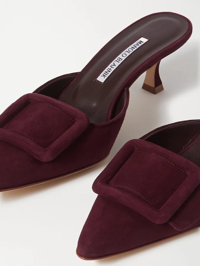 Manolo Blahnik - Maysale 50 Buckled Suede Mules - Burgundy - Image 4