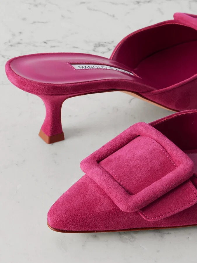 Manolo Blahnik - Maysale 50 Buckled Suede Mules - Pink - Image 4