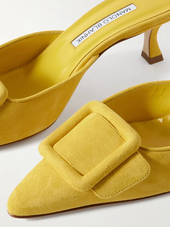 Manolo Blahnik - Maysale 50 Buckled Suede Mules - Yellow - Image 4