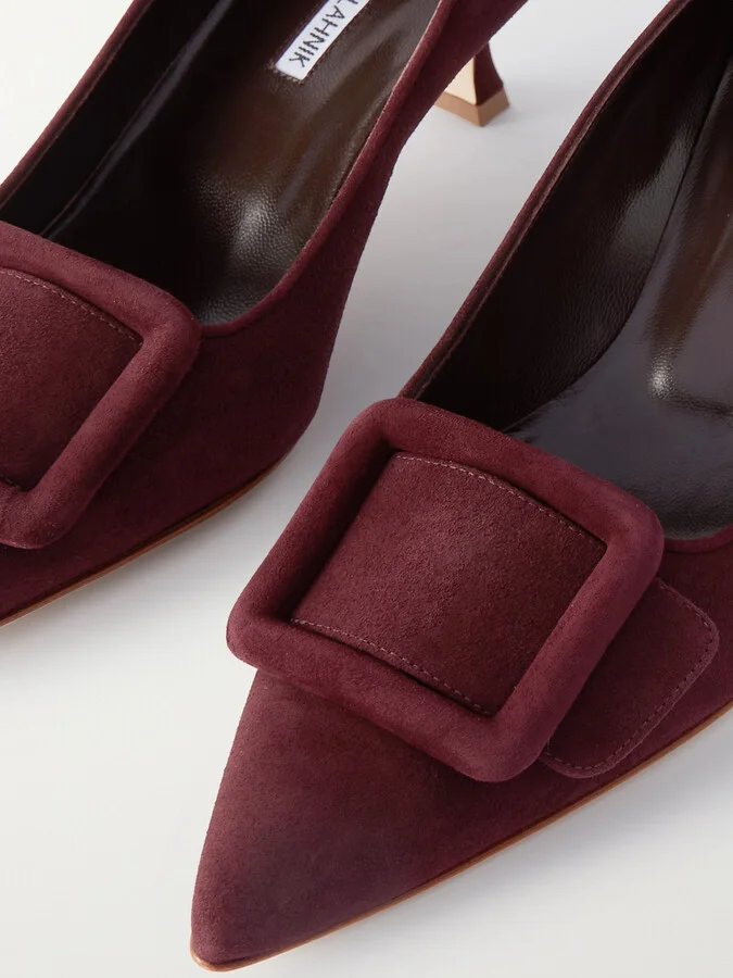 Manolo Blahnik - Maysale 50 Buckled Suede Pumps - Burgundy - Image 4